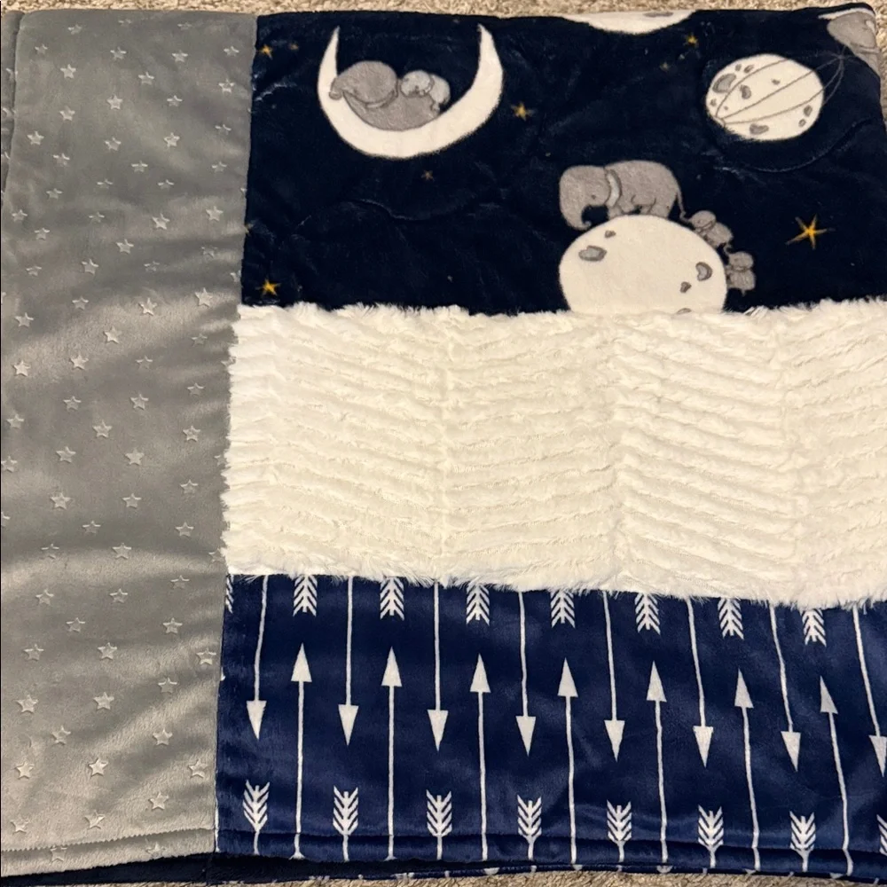 Beautiful Soft Elephant & Moon Navy & White Baby Quilt